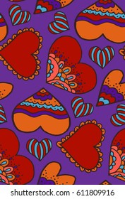 Cute seamless pattern. Doodle. Love. Heart. Hand drawing. Sketch. Purple background