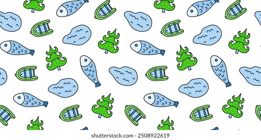 Cute seamless pattern with doodle nature, fishing and outdoor icons. Backgroun with lakes, fir trees, fishes and boats.