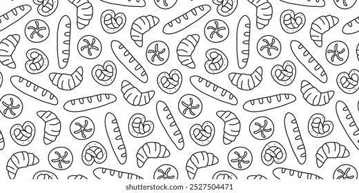 Cute seamless pattern with doodle outline bread, bagels, croissants and brezels. Bakery background.