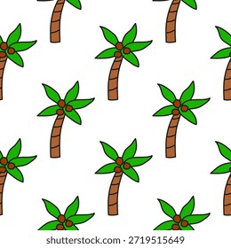 Cute seamless pattern with doodle palm trees on white background.