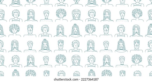 Cute seamless pattern of doodle people portraits