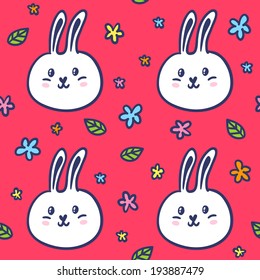 Cute seamless pattern with doodle rabbits and flowers on pink background
