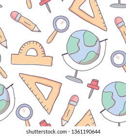Cute seamless pattern with doodle school supplies and creative elements. Back to school background. - Vector