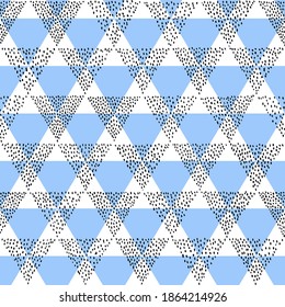 Patrón perfecto en estilo doodle. Triángulos azules sobre un fondo blanco. Punto negro, punto polka. Sencillo fondo para textiles. Ilustración vectorial.