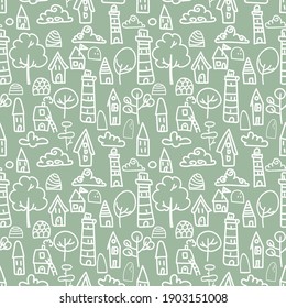 Cute seamless pattern in doodle style with houses, lighthouses, trees. Vector background in green for design of wrapping paper, textiles, invitations and cards. Nautical theme.