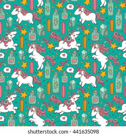 Cute seamless pattern with doodle unicorns, magic crystals and flasks, can be used as decor for playroom, vector illustration