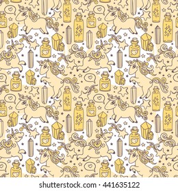 Cute seamless pattern with doodle unicorns, magic crystals and flasks, can be used as decor for playroom, vector illustration
