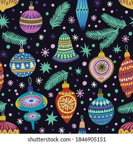 Cute seamless pattern with doodle vintage vector Christmas decorations for fir tree. 