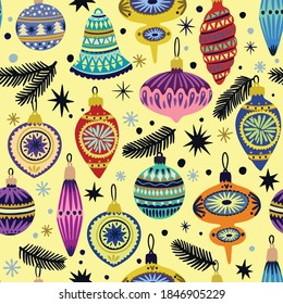 Cute seamless pattern with doodle vintage vector Christmas decorations for fir tree. 