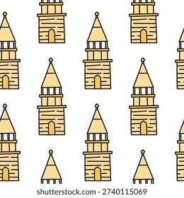 Cute seamless pattern with doodle wooden churches or towers on white background.