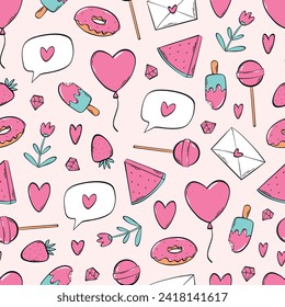 cute seamless pattern with doodles for valentine's day wrapping paper, scrapbooking, stationary, wallpaper, textile prints, etc. EPS 10