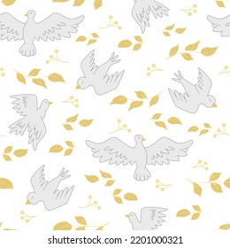 Cute seamless pattern with doves. Perfect for wrapping paper, greeting cards, wallpaper. Vector illustration