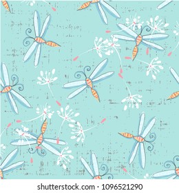 Cute seamless pattern with dragonflies and dandelions hand drawn in vector on blue background