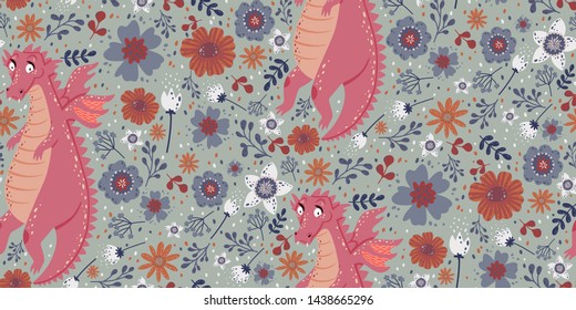 Cute seamless pattern with dragons, plants, and flowers. Can be used for baby t-shirt print, fashion print design, kids wear, baby celebration, fabric, and wrapping.