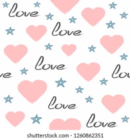 Cute seamless pattern drawn by hand with rough brush. Repeated hearts, stars, handwritten text Love. Sketch, watercolour, paint. Girlish vector illustration. White, blue, black, pink.