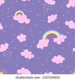 Cute seamless pattern with drawn clouds and rainbow. Scandinavian style design. Vector background image for textile, scrapbook, fabric, gift wrapping paper. Kids illustration. 