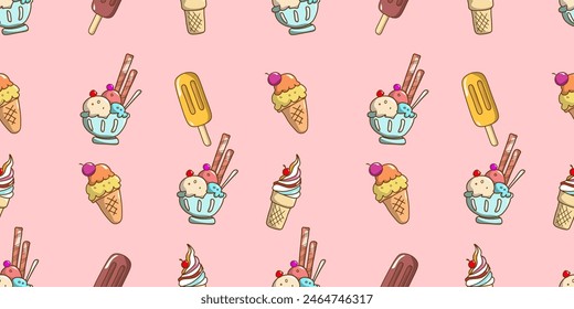 Cute seamless pattern drawn with various kinds of ice cream. Can be used for wrapping paper, gift wrapping, textiles, etc.