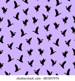 Cute seamless pattern with duck on the purple background. Silhouette of wild birds. Vector illustration. Perfect for cover, card, wall paper, cloth, wrapping and interior design.