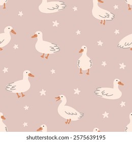 Cute seamless pattern with duck and stars for children. Vector illustration in a simple hand drawn style for kids fabric