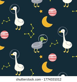 Cute seamless pattern with ducks, geese, planets, 
constellations and stars. Vector fantasy design funny drawing. Cosmic print. Galaxy