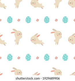 Cute seamless pattern with cute Easter bunnies decorated with eggs and flowers. Traditional symbol of Easter. Funny animals in different poses.