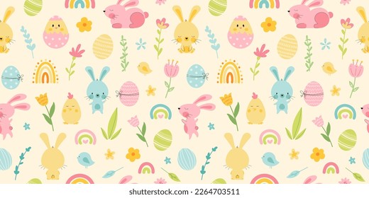 Cute seamless pattern with easter bunny and eggs