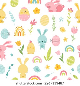 Cute seamless pattern with easter bunny and eggs