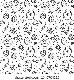 Cute seamless pattern with Easter eggs, butterflies, ladybugs and flowers. Vector hand-drawn doodle illustration. Perfect for holiday designs, print, decorations wrapping paper, wallpaper.