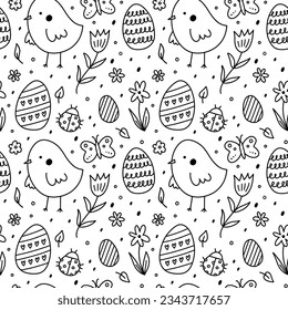 Cute seamless pattern with Easter eggs, chicks, ladybugs and flowers. Vector hand-drawn doodle illustration. Perfect for holiday designs, print, decorations wrapping paper, wallpaper.