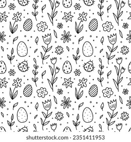 Cute seamless pattern with Easter eggs, ladybugs and flowers. Vector hand-drawn doodle illustration. Perfect for holiday designs, print, decorations wrapping paper, wallpaper.