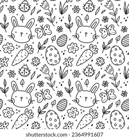 Cute seamless pattern with Easter eggs, bunnies, butterflies, ladybugs, carrots and flowers. Vector hand-drawn doodle illustration. Perfect for holiday designs, print, decorations, wrapping paper.