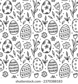 Cute seamless pattern with Easter eggs, spring flowers and leaves. Vector hand-drawn doodle illustration. Perfect for holiday designs, print, decorations wrapping paper, wallpaper.