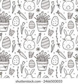 Cute seamless pattern with Easter eggs, butterflies,  bunnies and flowers. Vector hand-drawn doodle illustration. Perfect for holiday designs, print, decorations, wrapping paper, wallpaper.