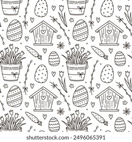 Cute seamless pattern with Easter eggs, butterflies, birdhouses, carrots and flowers. Vector hand-drawn doodle illustration. Perfect for holiday designs, print, decorations, wrapping paper, wallpaper.