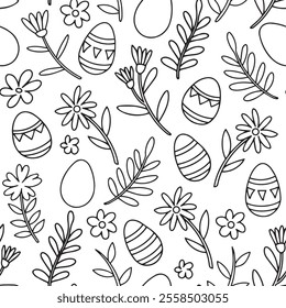 cute seamless pattern with easter eggs and flowers. simple print in doodle style. coloring book