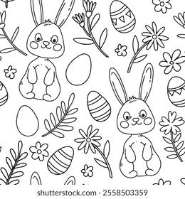 cute seamless pattern with easter eggs and flowers. simple print in doodle style. coloring book