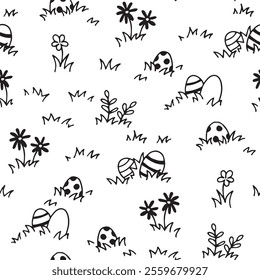 cute seamless pattern with easter eggs and flowers. simple print in doodle style. coloring book