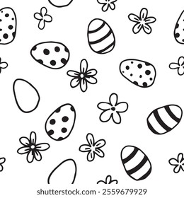 cute seamless pattern with easter eggs and flowers. simple print in doodle style. coloring book