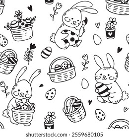 cute seamless pattern with easter eggs and flowers. simple print in doodle style. coloring book