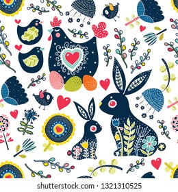 Cute seamless pattern for Easter holiday. Rabbits,birds, hen and  chickens, willow and flowers. Can be used for wallpaper, pattern fills, web page background,textile, postcards.