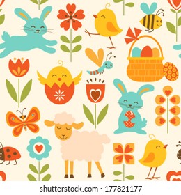 Cute seamless pattern with Easter symbols. 