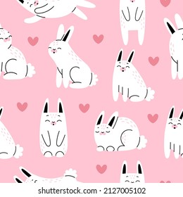 Cute seamless pattern with Easter white bunnies and hearts on a pink background. Vector cartoon illustration