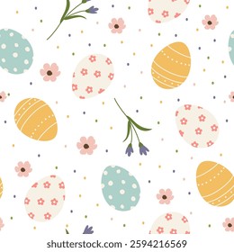Cute seamless pattern with eggs and flowers. Easter background. Good for printing and wrapping.