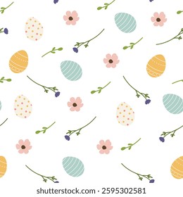 Cute seamless pattern with eggs and flowers. Easter background. Good for printing and wrapping.
