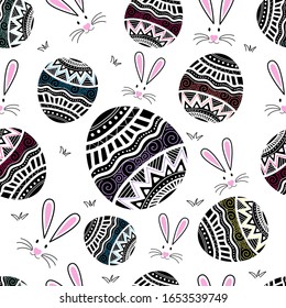 Cute seamless pattern eggs and rabbits in Easter festival isolated on white background. Vector illustration.