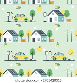 Lindo patrón sin fisuras con iconos de vehículos eléctricos. Patrón sin fisuras con iconos aleatorios sobre vehículo eléctrico con casa y energía renovable sobre fondo verde claro.