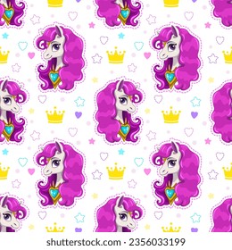 Cute seamless pattern with elegance cartoon pony, crowns and hearts on white background. Vector girlish texture.