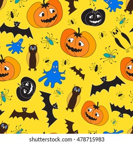 cute Seamless pattern with elements of design for the holiday Halloween. Funny vector illustration of smiling pumpkin,owl,spider,bat and a Ghost on a yellow background.