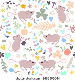 Cute seamless pattern with elements: mouse or rat, leaves, flowers, hearts, apples, branches. Beautiful childish background