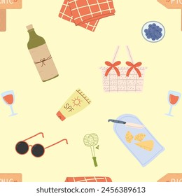 Cute seamless pattern of elements for a picnic: wine, rackets, sliced cheese, basket, blanket. Template for textile, wallpaper, packaging, cover, web, card, box, print, banner, ceramics